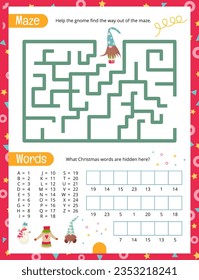 Christmas Gnomes Activity Pages for Kids. Printable Activity Sheet with Cute Christmas Characters Mini Games – Maze, Hidden Words. Vector illustration.