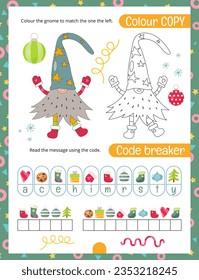 Christmas Gnomes Activity Pages for Kids. Printable Activity Sheet with Christmas Mini Games – Colour Copy, Code Breaker. Page for Xmas Activity Book. Vector illustration.