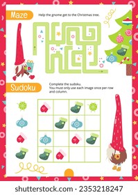 Christmas Gnomes Activity Pages for Kids. Printable Activity Sheet with Cute Christmas Characters Mini Games – Maze, Sudoku. Vector illustration.