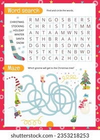 Christmas Gnomes Activity Pages for Kids. Printable Activity Sheet with Christmas Mini Games – Word Search, Maze. Page for Xmas Activity Book. Vector illustration.