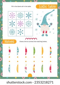 Christmas Gnomes Activity Pages for Kids. Printable Activity Sheet with Xmas Mini Games – Connect the Matching Halves, Logic Table. Page for Christmas Activity Book. Vector illustration.