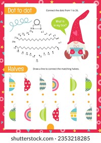 Christmas Gnomes Activity Pages for Kids. Printable Activity Sheet with Christmas Characters Mini Games – Dot to Dot, Matching game. Page for Xmas Activity Book. Vector illustration.