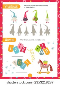 Christmas Gnomes Activity Pages for Kids. Printable Activity Sheet with Safari Christmas Mini Games – Correct shadows, Hidden Words. Page for Xmas Activity Book. Vector illustration.