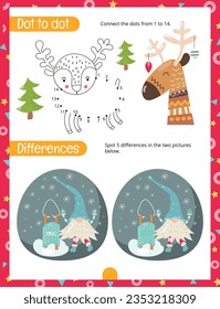 Christmas Gnomes Activity Pages for Kids. Printable Activity Sheet with Christmas Characters Mini Games – Dot to dot, Spot 5 differences. Page for Activity Book. Vector illustration.