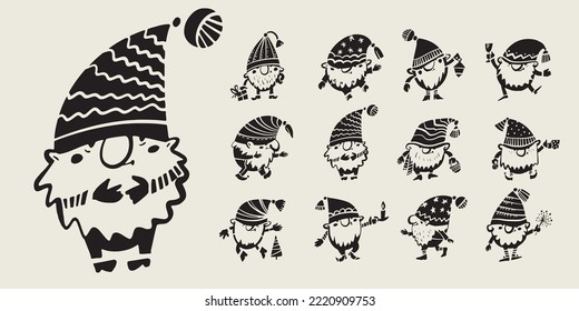 Christmas gnomes bundle in black and white. A dozen of gnomes vector silhouette for cards, poster, cutting, invitation, decor, print.