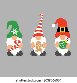 Christmas Gnomes with candy cane, gift, ornament and gingerbread man