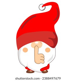 Christmas Gnomes character holding hand near mouth silence. Shhh symbol