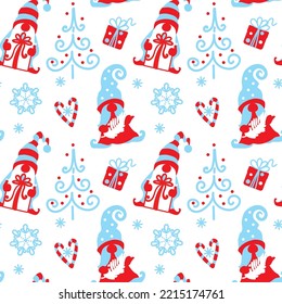 Christmas gnomes and decoration and gifts.  Christmas print. Seamless pattern.