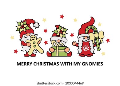 Christmas gnomes with gingerbread man, gift box and candy cane are on white background. Vector illustration.