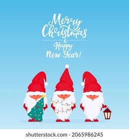 Christmas gnomes. Greeting card for New Year and Christmas