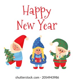 Christmas Gnomes with Happy New year lettering. Christmas greeting card.