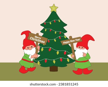 Christmas gnomes with Happy New Year and Merry Christmas signs near the Christmas tree