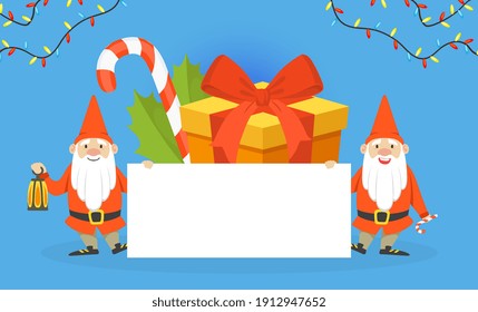 Christmas Gnomes Holding Blank Banner, Winter Holidays Background with Place for Text, Greeting Card, Sale Advertising Poster Vector Illustration