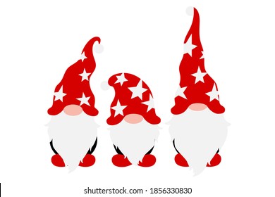 Christmas Gnomes in holiday hats, Scandinavian gnome with decoration in hands, male nordic gnomes, vector Christmas decoration, traditional tomte, elf or dwarf for greetings