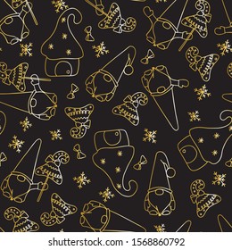 Christmas gnomes, houses, gifts, Christmas trees toys, bows, snowflakes. Golden outline on a black background. Christmas, New Year, fairy tale, fantasy. Seamless pattern. Suitable for textiles and pap