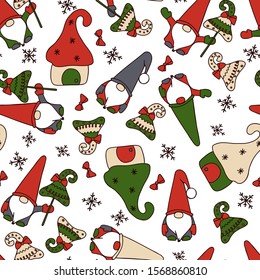 Christmas gnomes, houses, gifts, Christmas trees toys, bows, snowflakes. Christmas, New Year, fairy tale, fantasy. Seamless pattern. Suitable for textiles and paper.