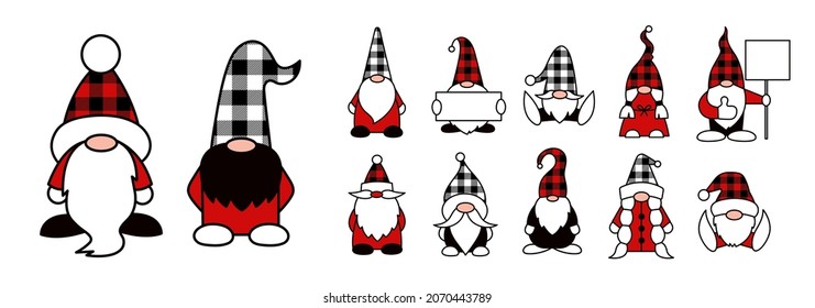 Christmas Gnomes Isolated Illustrations. Buffalo Check Plaid. Red Black And White Colors. Set Of Vector Cartoon Garden Gnome Characters