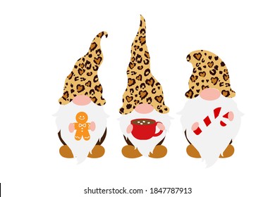 Christmas Gnomes in Leopard Print hats with hygge staff in hands - gingerbread cookie, tea coffee mug, candy cane. Vector art. Cute farmhouse gnomes in cheetah hood for christmas gift, card, promo