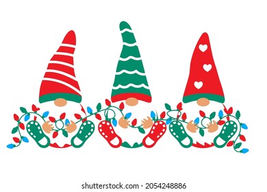 Christmas Gnomes with Christmas Lights. Scandinavian Nordic Gnome isolated on white background. Cute Christmas Gnomes collection. Greeting card, winter holidays banner, print, t shirt design.