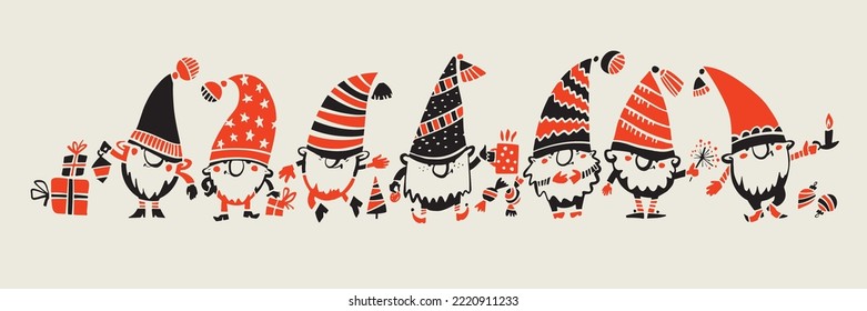 Weihnachtssternenlinie. Weihnachtszwerge Silhouette. Weihnachtszwerge zum Schneiden, Drucken, Web. Xmas-Gnome-Kopfzeile.