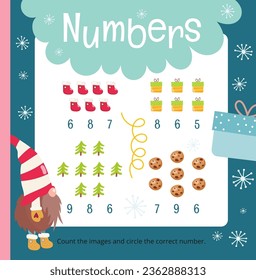 Christmas Gnomes math activities for kids. How many. Help Gnome Count Christmas elements and circle correct number. Vector illustration. Square page for Activity Book.