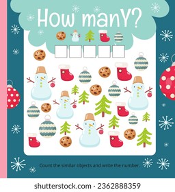 Christmas Gnomes math activities for kids. How many. Count the number of Christmas Decorations. Vector illustration. Square page for Activity Book.