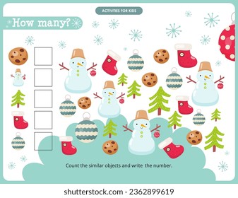 Christmas Gnomes math activities for kids. How many. Count the number of Christmas Decorations. Vector illustration.