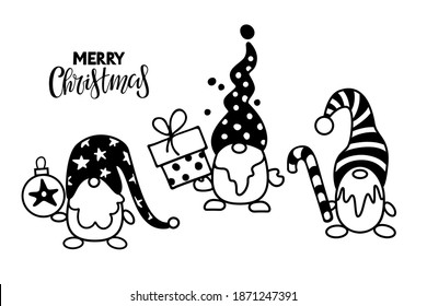 Christmas gnomes and Merry Christmas lettering. Design for Merry Christmas and Happy New Year Card, DIY, greeting card, wrapping paper in Flat Style. Kids illustration. Happy New Year design template.