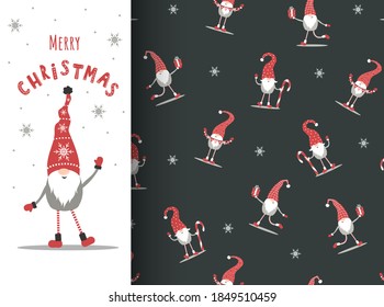 Christmas gnomes on seamless pattern. Greeting card with cute nordic elf in red hat. Vector illustration in cartoon style. New year design for wrapping paper, textiles, fabric.