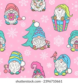 Weihnachten zeichnet rosa, nahtloses Muster aus. Cute skandinavische Gnome und volkstümliche Schneeflocken wiederholen Design. Fun Cartoon Zwerg Wintercharaktere endlose Fliesen für Weihnachtspapier, Karte, Oberflächendesign.