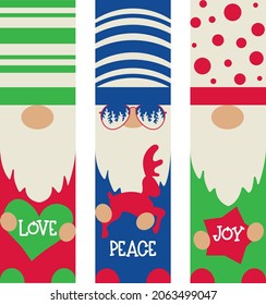 Christmas gnomes porch sign set with lettering Love, Peace, Joy. Vertical porch sign winter holidays design. Cute scandinavian nordic gnome collection. Vector illustration.