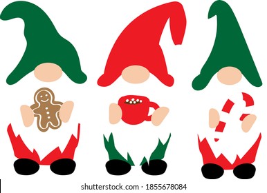 Christmas gnomes in red, green hats with Christmas decorations