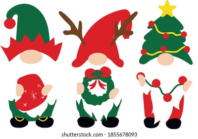 Christmas gnomes in red, green hats with Christmas decorations