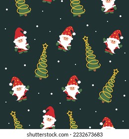 Christmas gnomes in red hats seamless pattern with Christmas tree and white snow on dark background. Vector winter pattern. Pattern for wallpaper, textile, wrapping paper, for kids design, decor