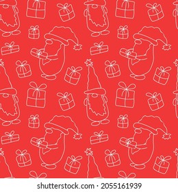 Christmas Gnomes. Red seamless pattern in Doodle style. Merry christmas and a happy new year! Hand drawn illustration for fabric design, wrapping paper, postcards