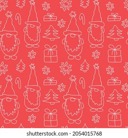 Christmas Gnomes Red seamless vector pattern in doodle style. Festive pattern for design of fabric, paper, packaging. New Year. Illustration with Christmas tree, gifts and snowflakes