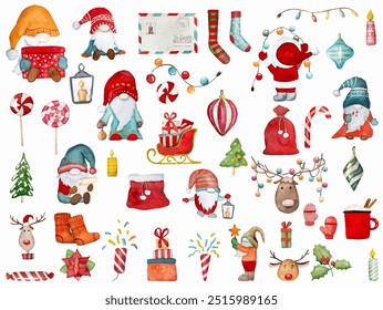 Navidades gnomos Santa Claus helpers dibujos de acuarela de invierno con calcetines de Navidad y regalos. colección de enanos festivos del año Nuevo con la decoración tradicional