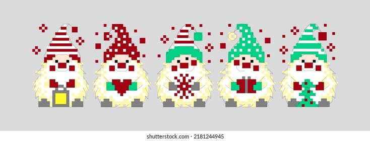Christmas gnomes. Santa Claus. 
Christmas pixel background.