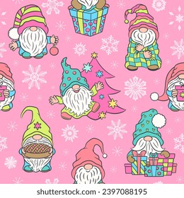 Christmas gnomes seamless pattern colorful repeat design. Cute Scandinavian gnome, snowflakes on pink background. Alternative holiday colors. Pinkmas theme. Endless tile. Fun cartoon dwarf characters.