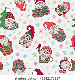 Christmas gnomes seamless pattern. Cute scandinavian gnome repeat design. Fun cartoon dwarf winter characters and gift boxes. Endless tile for Christmas wrapping paper, textile print, fabric design.