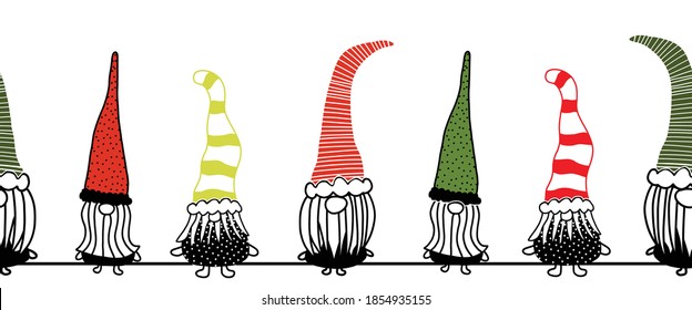 Weihnachtsmärsche nahtlose Vektorgrenze. Handgezeichnete Illustration von Gnomen schwarz-grün, die horizontale Muster wiederholt. Monochrome Holiday-Design für Kartendekation, Fußfuß, Banner, Band, Stofftrim