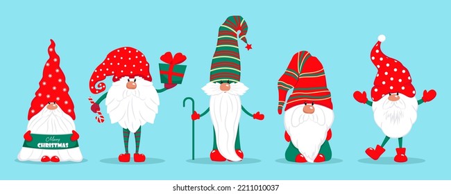 Christmas gnomes set. Vector characters in flat style. Set of Christmas gnomes with gifts candies illustration.