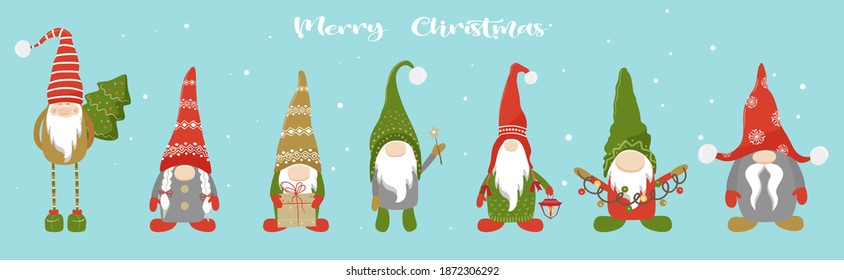 Christmas gnomes set, winter holiday greeting card, vector illustration.