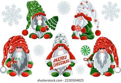 Christmas gnomes and snowflakes. Vector illustration. Cute cartoon character for childrens design. Winter holidays, New Year decorations. Clipart for sticker, wrapping paper, postcard,  packaging.