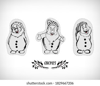 Christmas gnomes stickers cartoon, doodle black silhouette isolated on white background. Lettering Gnomes. Vector illustration of cute garden gnome.