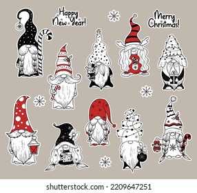 Los gnomos de Navidad pegatinas. Colección de gnomos escandinavos con árbol y dulces de Navidad y chica gnomo de Año Nuevo con regalo. Los gnomos de la familia de vectores. Pegatinas digitales impresas aisladas dibujadas a mano