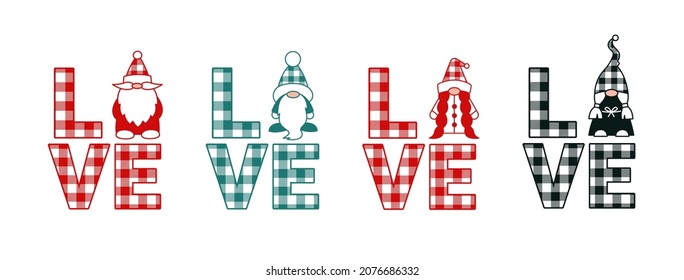 Christmas gnomes sublimation. Love gnomes. Buffalo plaid vector illustrations of Santa Claus and Snow Maiden. Cute boy and girl gnome svg cut file. Romantic Valentines day vector design template. svg