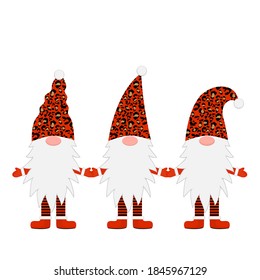 Christmas gnomes. Three cute Christmas gnomes in leopard hats. Three Christmas gnomes holding hands.