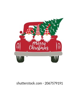 Christmas Gnomes And Tree On Truck Vector Illustration