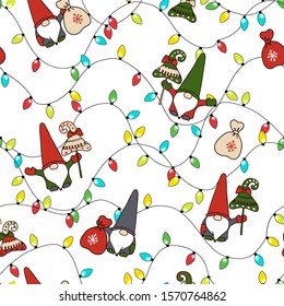 Christmas gnomes with Christmas trees, gifts and Christmas garland. Dwarves in colorful costumes. Color garland. Seamless pattern. Suitable for paper and textile.